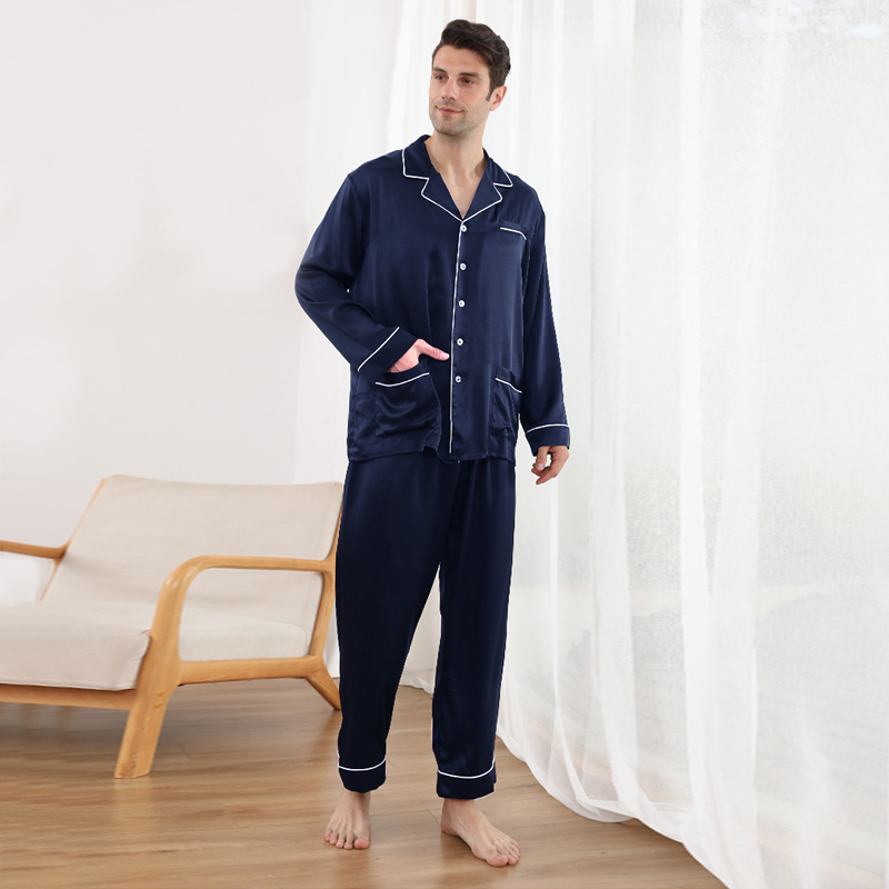 Pyjama en soie homme classique noir et bleu 7