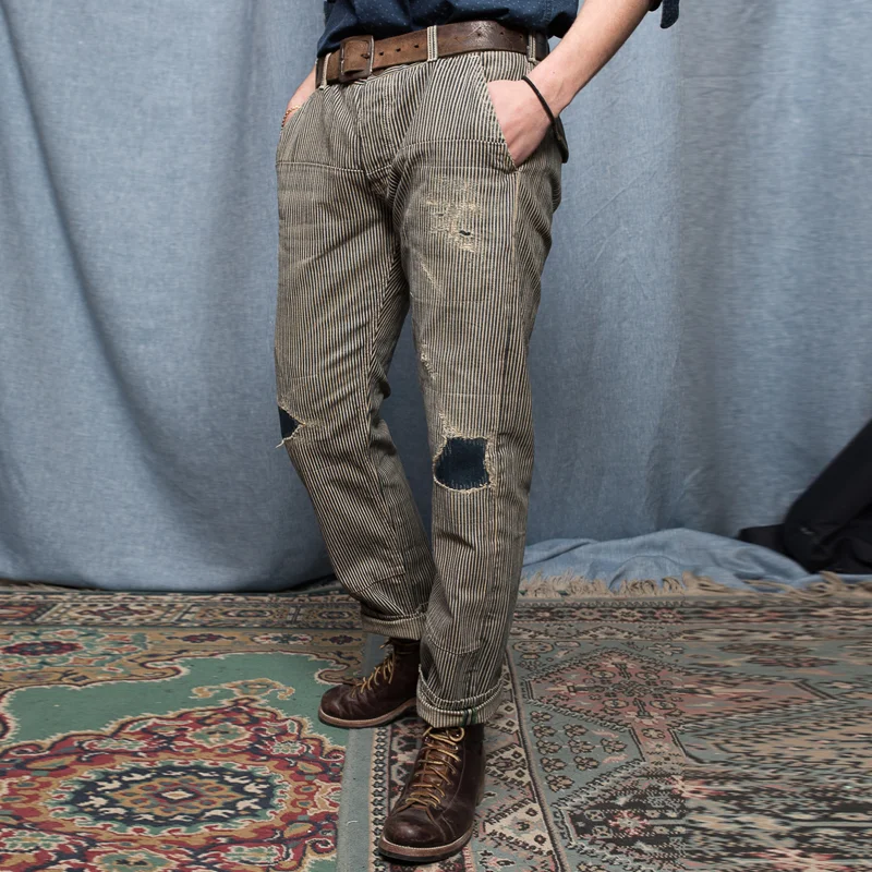 Retro Wash Distressed Striped Cotton Slim Pants
