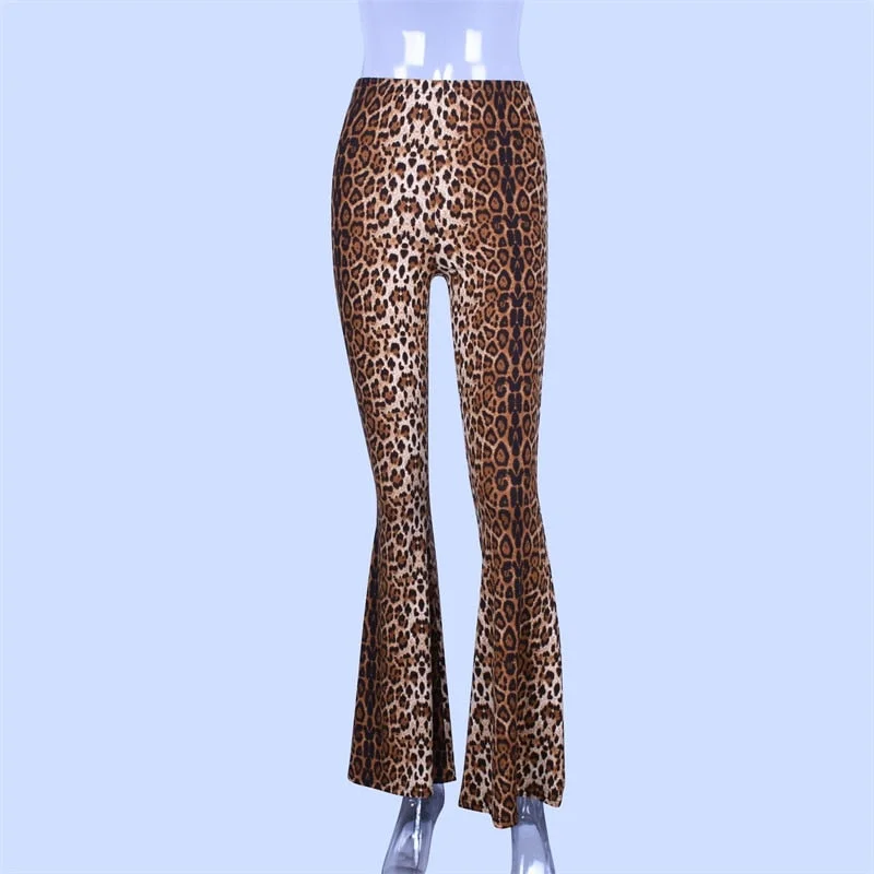 Hugcitar High Waist Leopard Print Flare Leggings 2021 Autumn Winter Women Fashion Sexy Bodycon Trousers Club Pants
