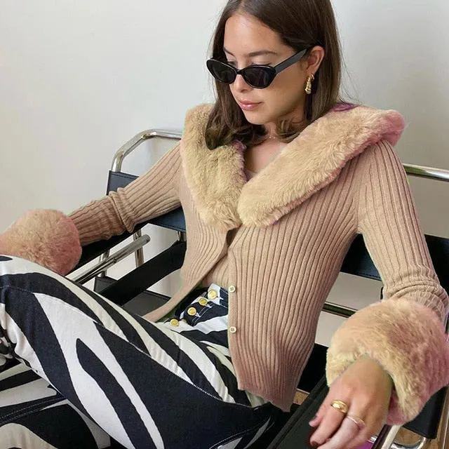 Artsu Ribbed Knitted Cardigans Sweaters With Fur Trim Collar Long Sleeve Slim Autumn Winter Jumpers Women Knitwear Chic 42015