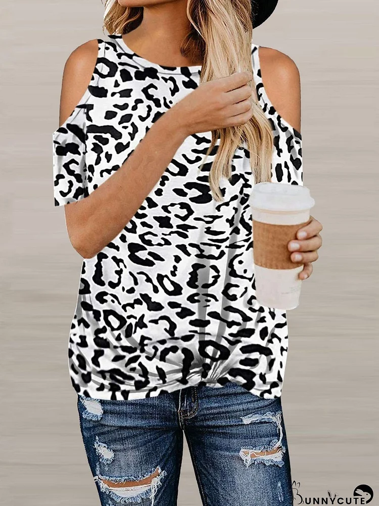 Leopard Twisted Off Shoulder Short Sleeve T-Shirt for Women