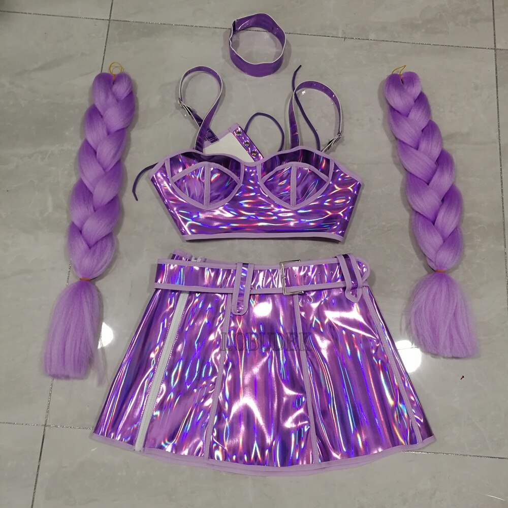 VCSHOES Bar DJ Gogo Dance Costume Fluorescent Laser Tops Skirt Braid Wig Stage Rave Outfit Festival Party Show Performance Clothes