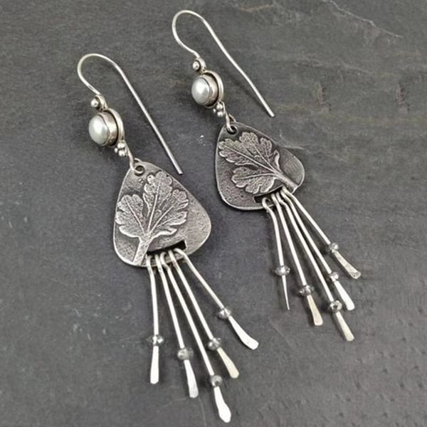 Retro Fashion Inlaid Pearl Tassel Ancient Silver Earrings Women's Creative Bohemian Carved Leaves Cocktail Party Antique Earrings Jewelry - Shop Trendy Women's Fashion | TeeYours