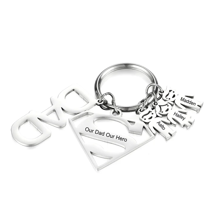 Christmas Gift Personalized 3 Kids Charms Keychain with Superman Sign Keyring for Father 