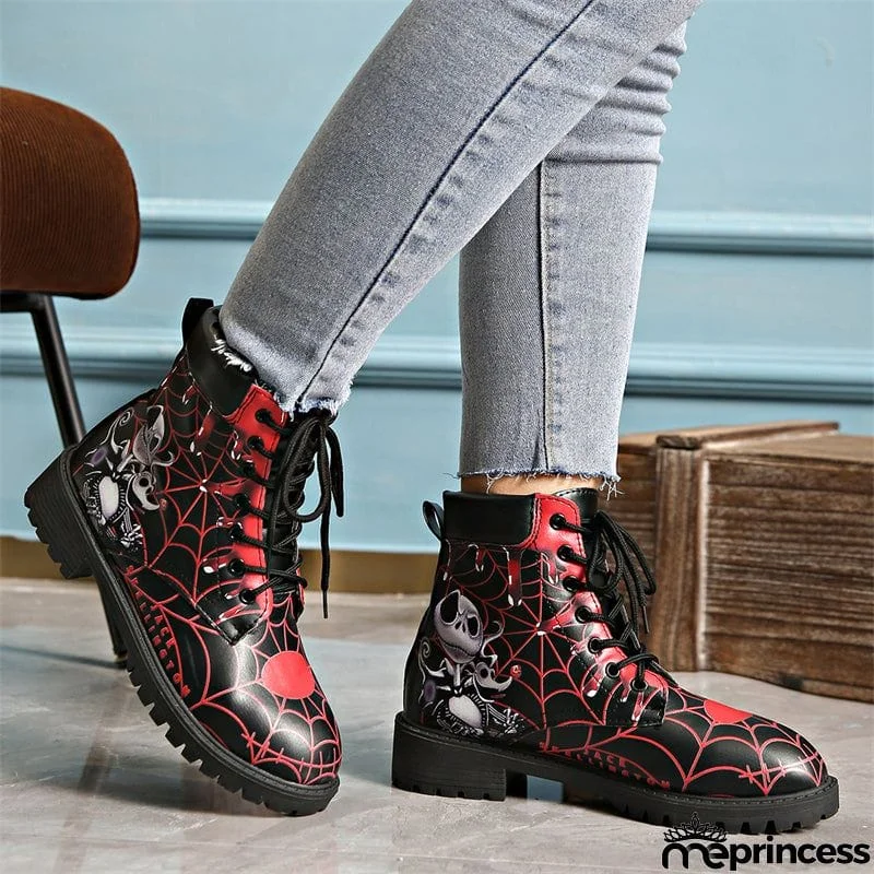 Halloween Element Printed Women's Lace-up Round Toe Martin Boots