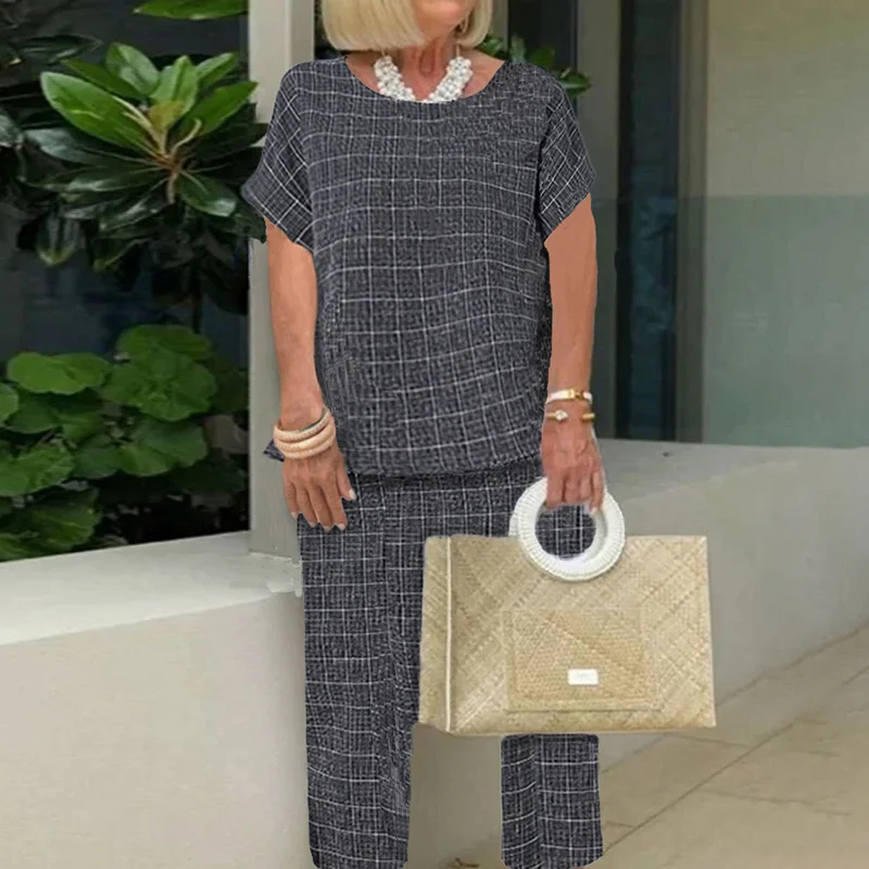 Women's Casual Plaid T-shirt Set