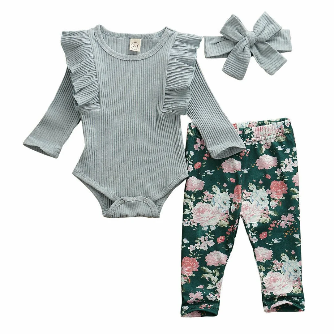 2019 Baby Spring Autumn Clothing Newborn Infant Baby Girls Long Sleeve Ruffled Romper Floral Leggings Headband Ribbed Outfits
