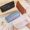 Simple Plain Color Large Capacity 2 Layers Mesh Pens Storage Bag Student Office Stationery