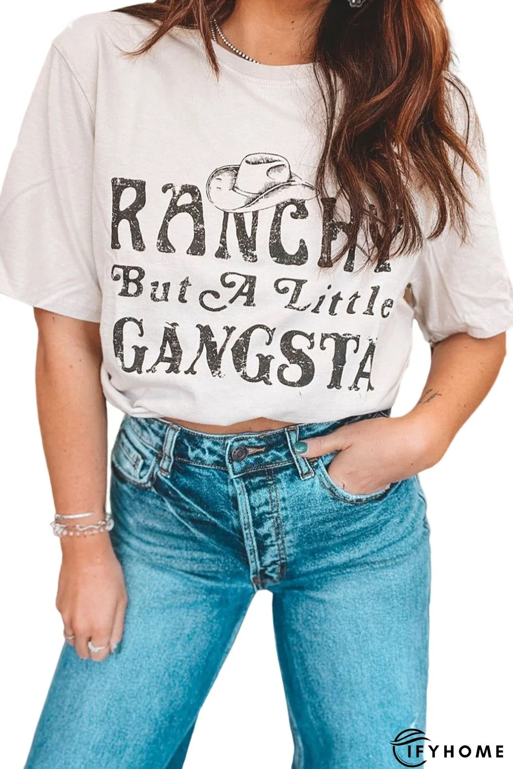 White Western Slogan Letter Print Short Sleeve T Shirt | IFYHOME
