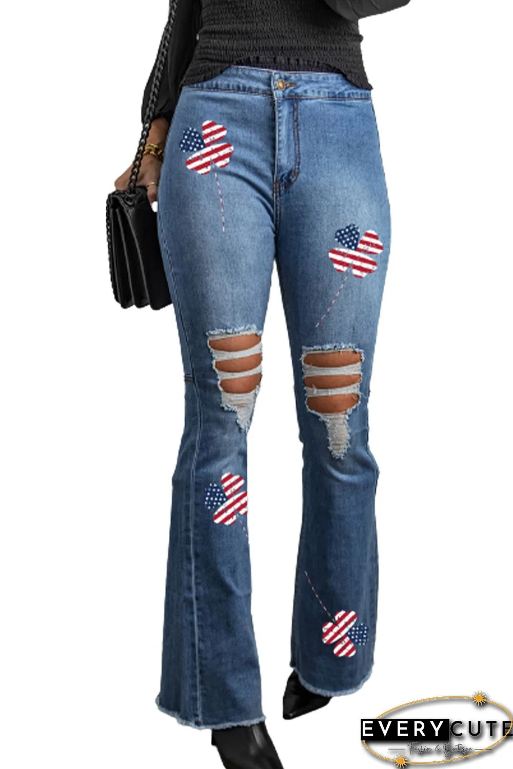 Sky Blue St. Patrick's Day US Flag Clover Print Distressed Flare Jeans