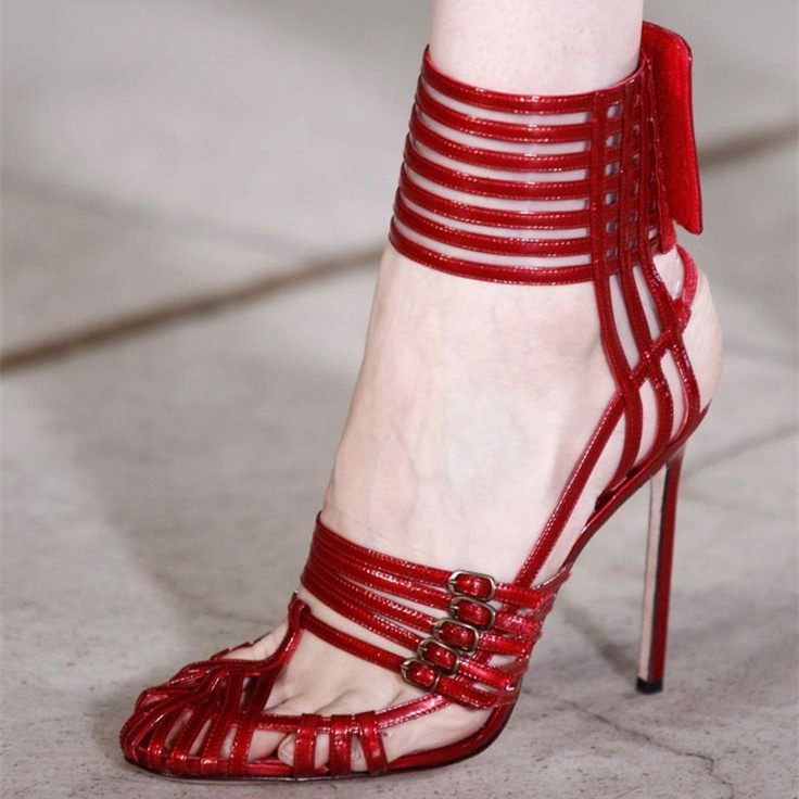 Red Evening Shoes Buckle Strappy Stiletto Heels Sandals for Prom