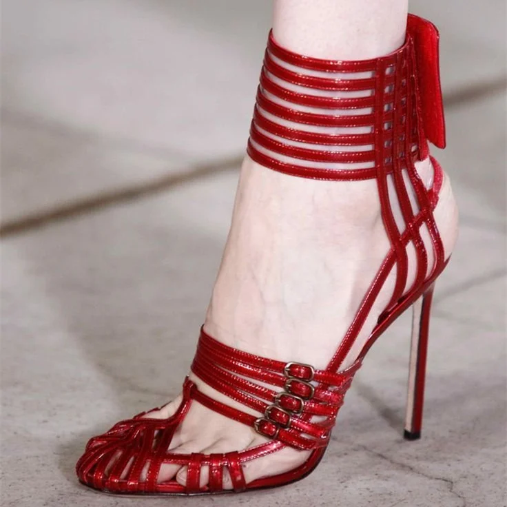 Red Evening Shoes Buckles Sexy Stiletto Heels Sandals for Prom |FSJ Shoes