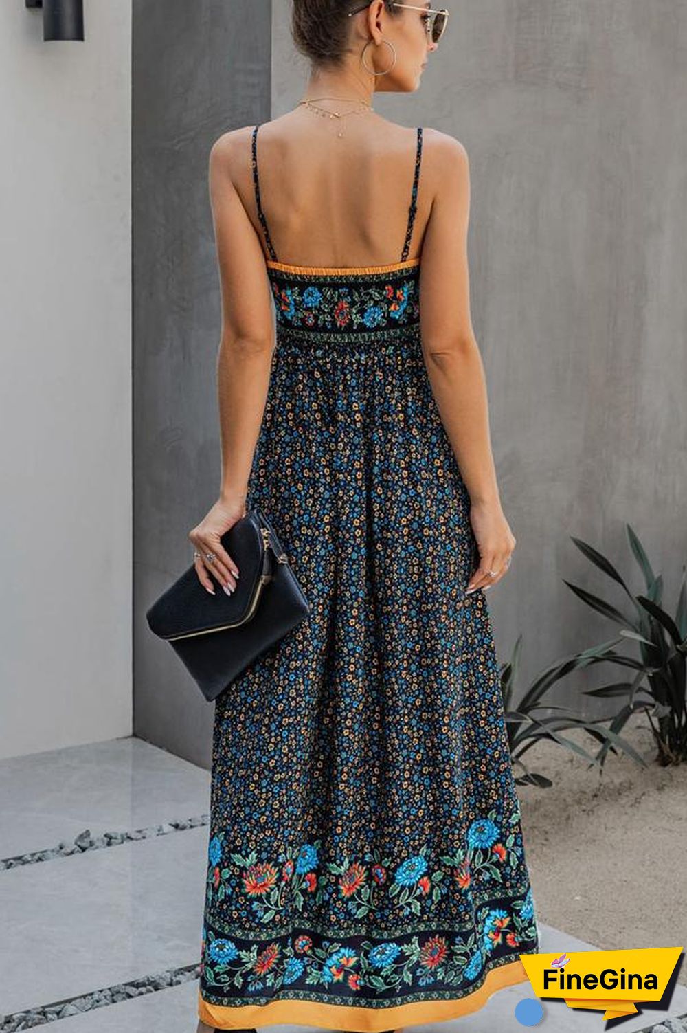 Fashion V Neck Print  Backless Maxi Dress