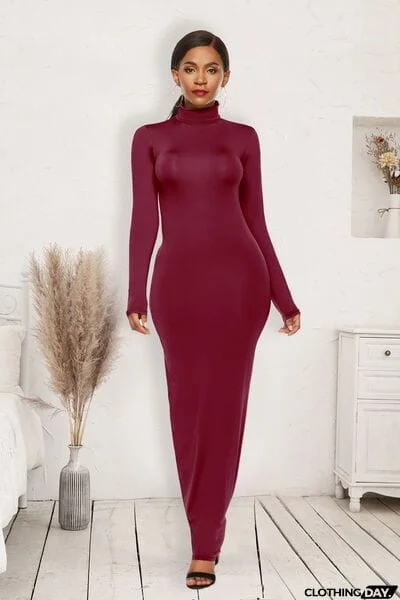 Mock Neck Long Sleeve Maxi Slim Dress