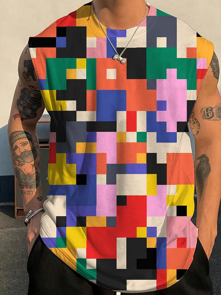 Men's Pixel Style Color Block Printed Tank Top
