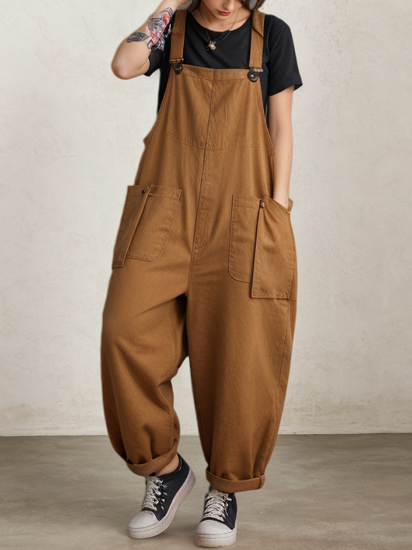 Straps Sleeveless Front Pocket Oversize Wide Leg Jumpsuit