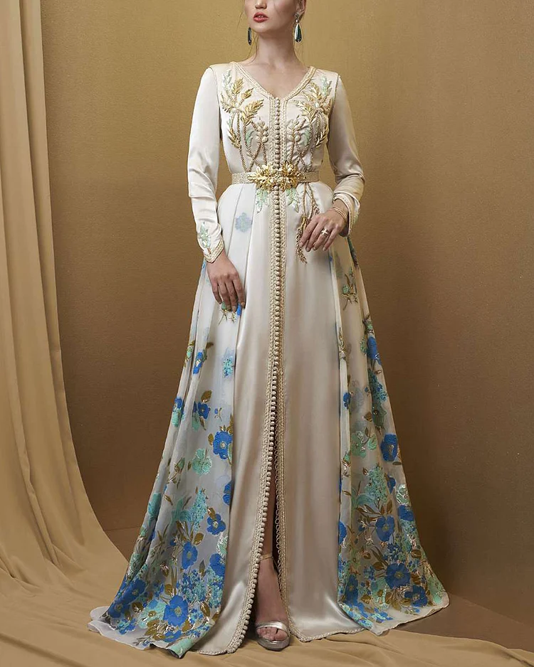 Women's V Neck Embroidered Kaftan Dress