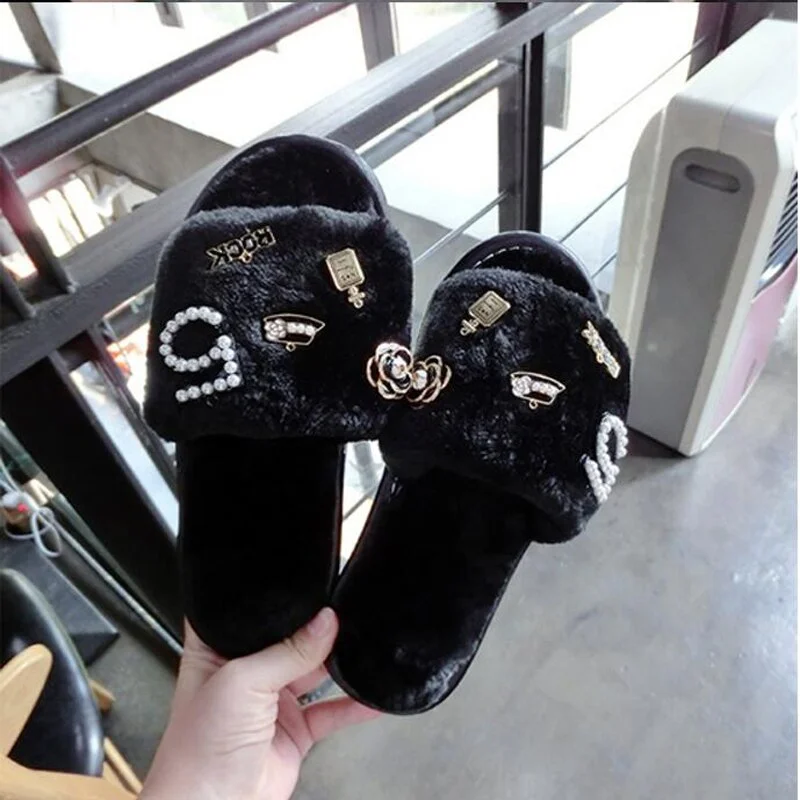 XXX perfume flower fur slippers women plush flip flops camellia pearl beading fur sandals women pantufas cozy home slides XXX