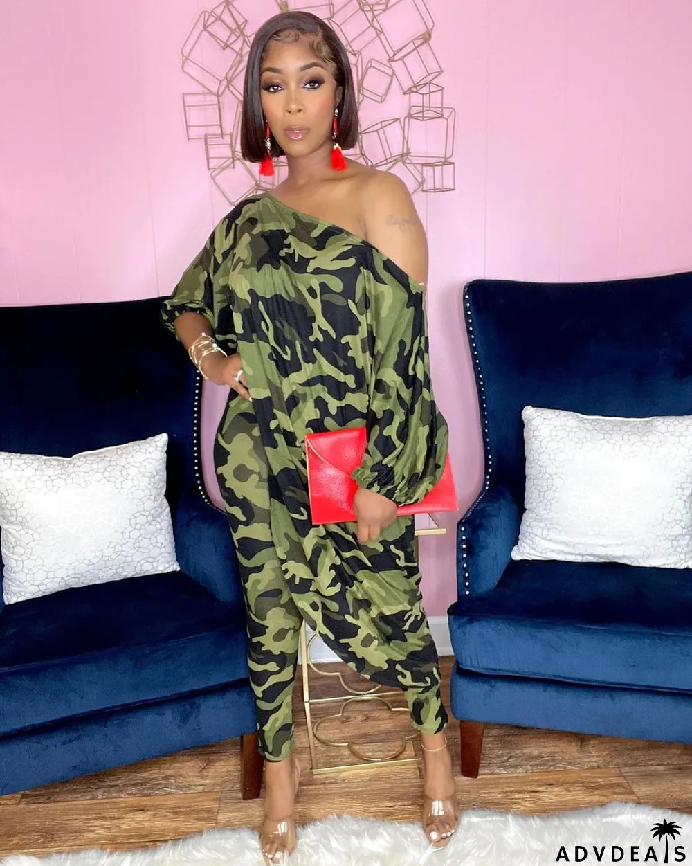 Women's Fashion Casual Loose Plus Size Slash Shoulder Pant Two Piece