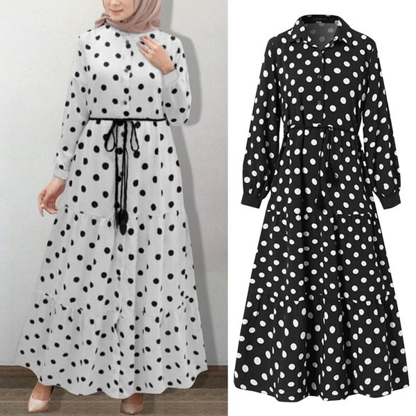 Zanzea Women Muslim Full Sleeve Polka Dots Plus Size Belted Dresses Kaftan Abaya Long Dress - Chicaggo