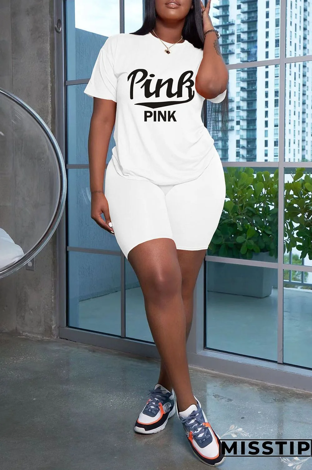 White Casual Print Patchwork O Neck Short Sleeve Two Pieces