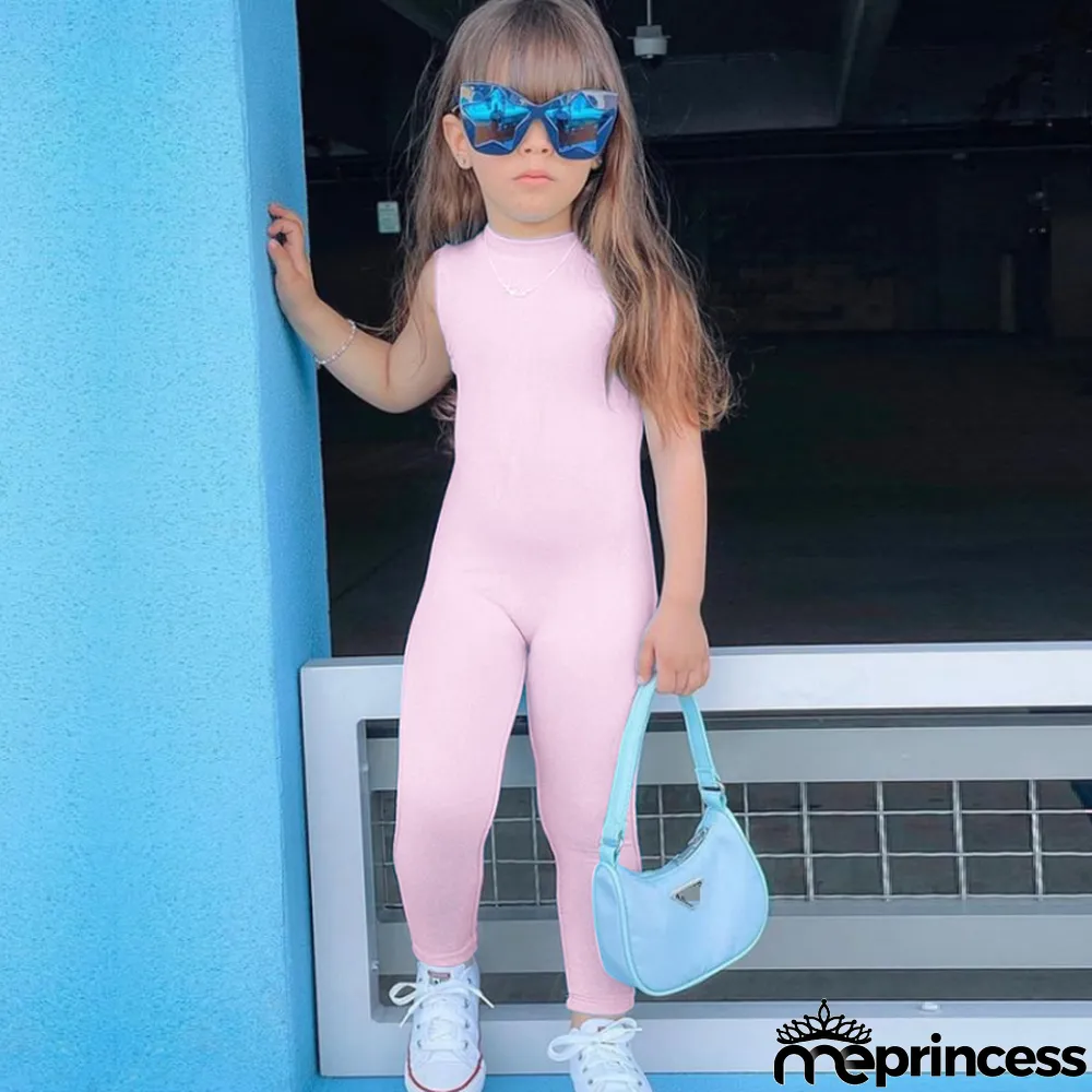 Kids Girls Fashion Sleeveless Solid Color Jumpsuit