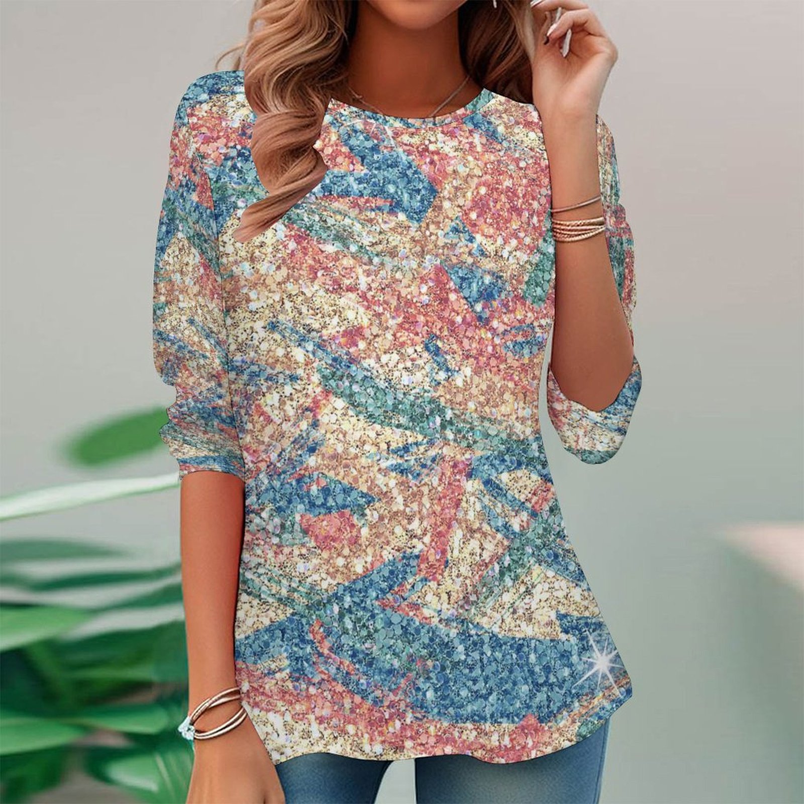 Women Long Sleeve V-neck Graphic Floral Printed Top
