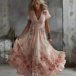 Women's Vintage Pink Floral Art Embroidered Flowy Maxi Dress - Image 2