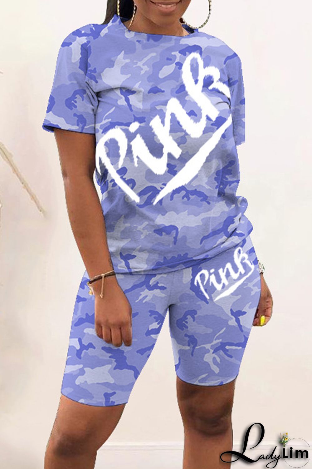 Red Fashion Casual Letter Camouflage Print Basic O Neck Short Sleeve Two Pieces