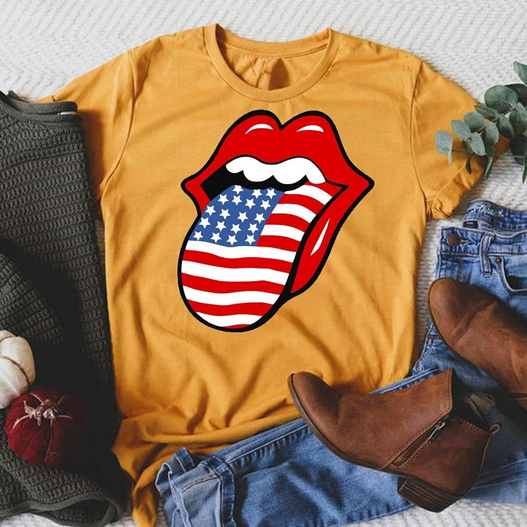 American Flag Lips Round Neck T-shirt-018165