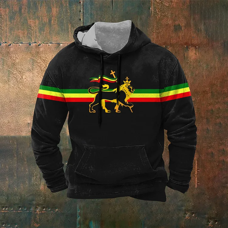 Wearshes Stripe Reggae Lion Print Graphic Hoodie