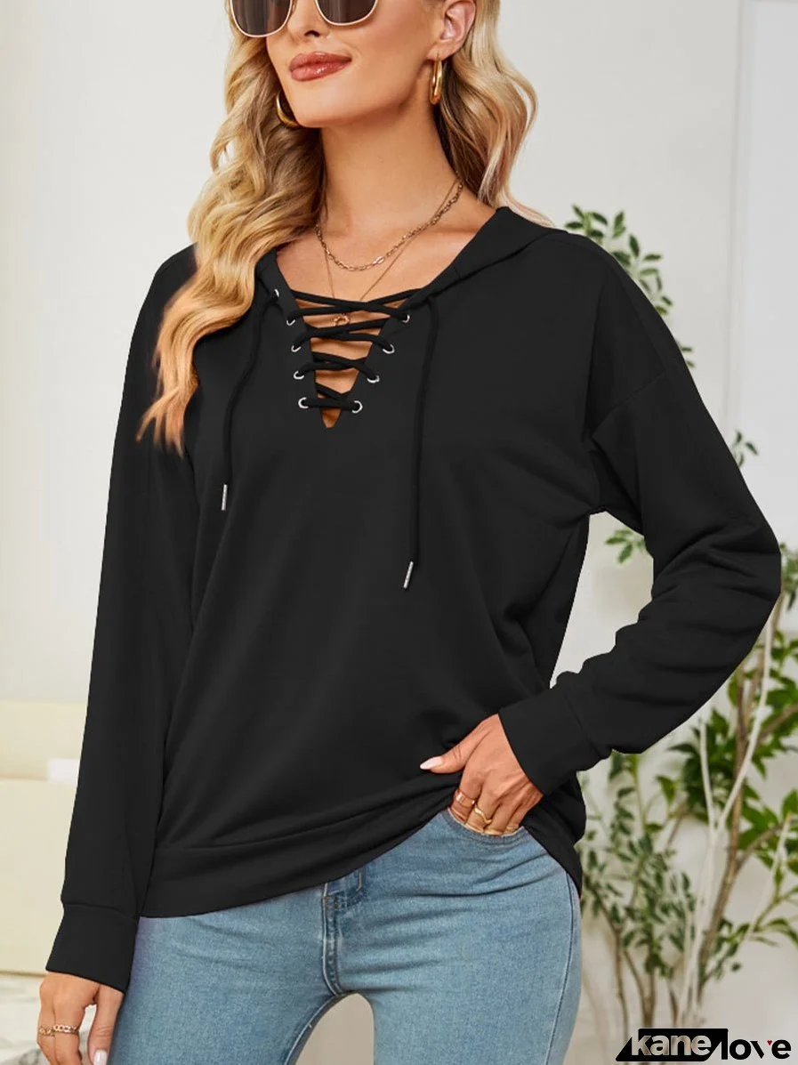 Solid Color Neckline Long Sleeve Hoodie