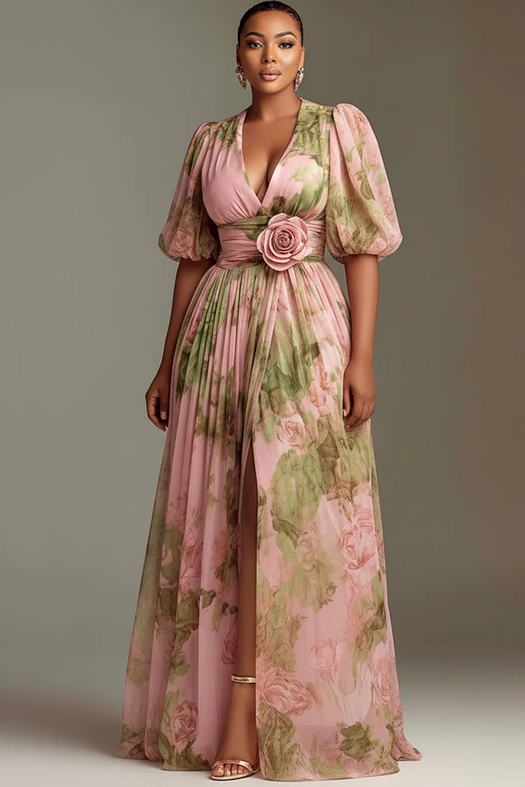 Xpluswear Design Plus Size Wedding Guest Peach Floral V Neck Puff Sleeve Short Sleeve 3D Split Chiffon Maxi Dresses 2024 - Xpluswear