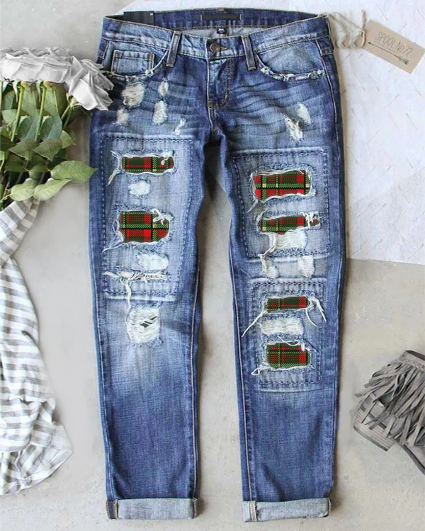 Merry Christmas Check Print Casual Jeans