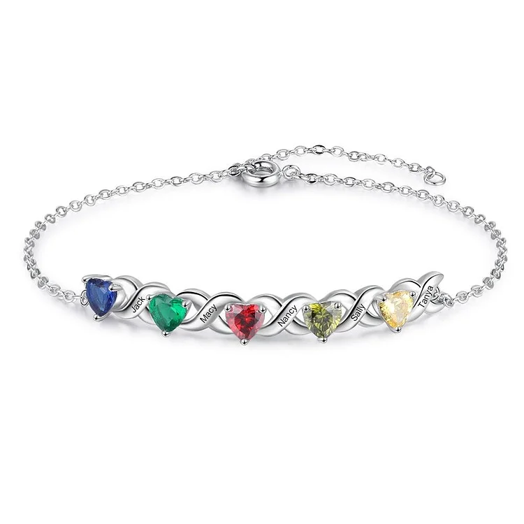Bracelet à breloques personnalisé à 5 noms avec 5 pierres de naissance