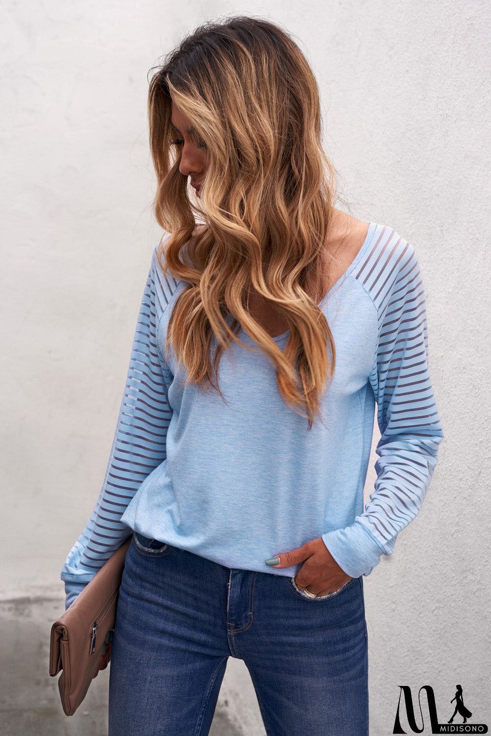 MidiSono - Sheer Stripe V-Neck Top