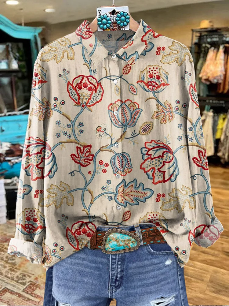 Women's Vintage Print Casual Cotton Shirt