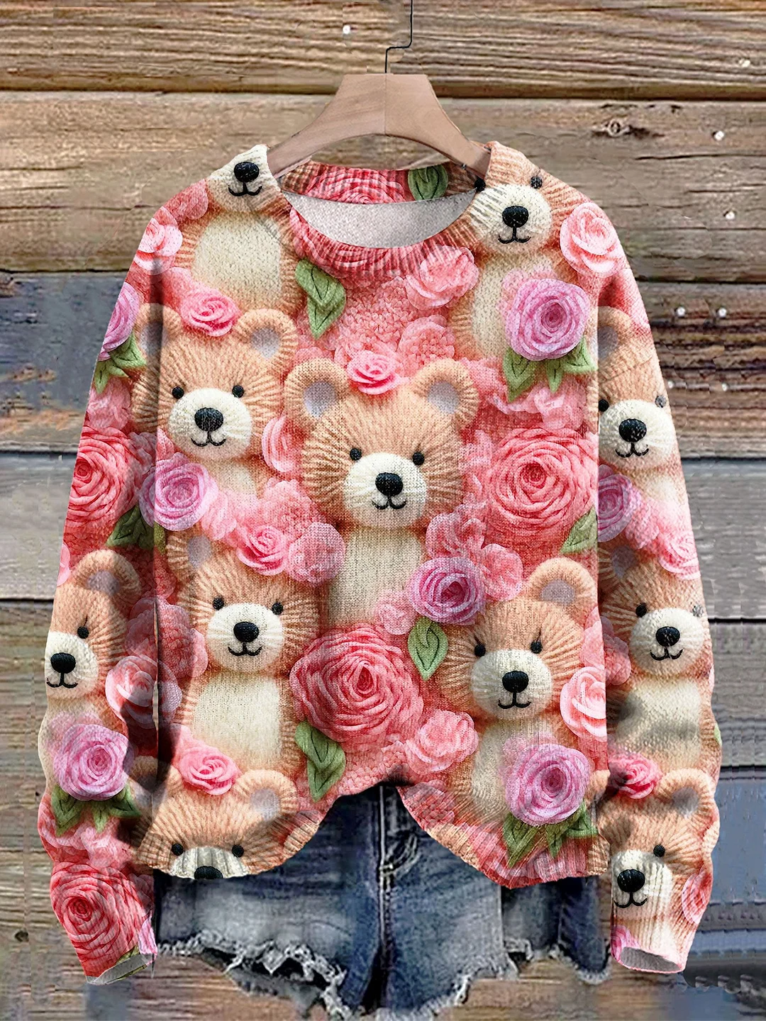 Valentine's Day Pink and White Teddy Bear Seamless Print Knit Pullover Sweater