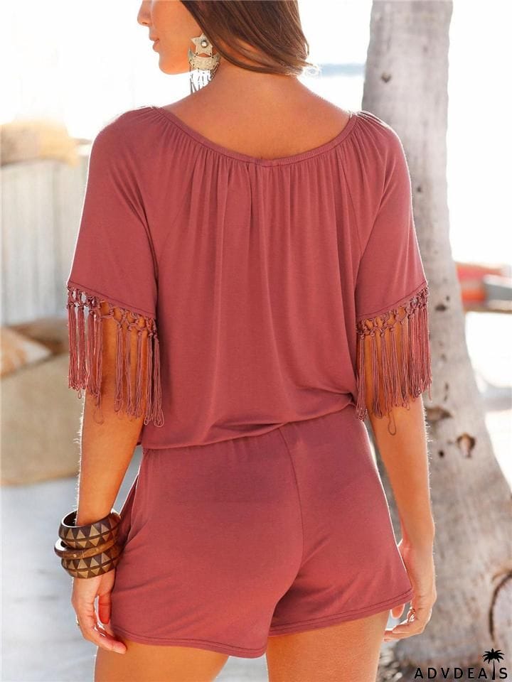 Stylish Off Shoulder Tassel Half Sleeve Pocket Rompers