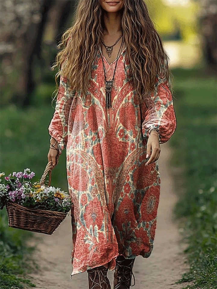 Women's Flowers Art Pattern Print Loose V Neck Pocket Cotton Dress