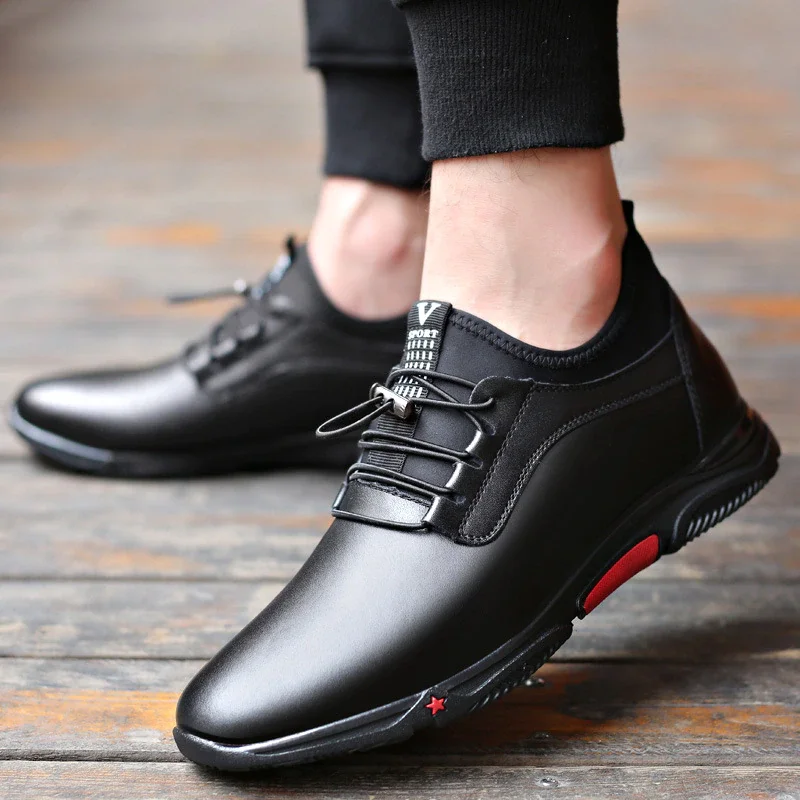 Qengg Men's Casual Shoes Leather PU Black Spring Male Footwear Loafers Soft Bottom Lace Up Outdoor Business Sneakers Shoes For Men