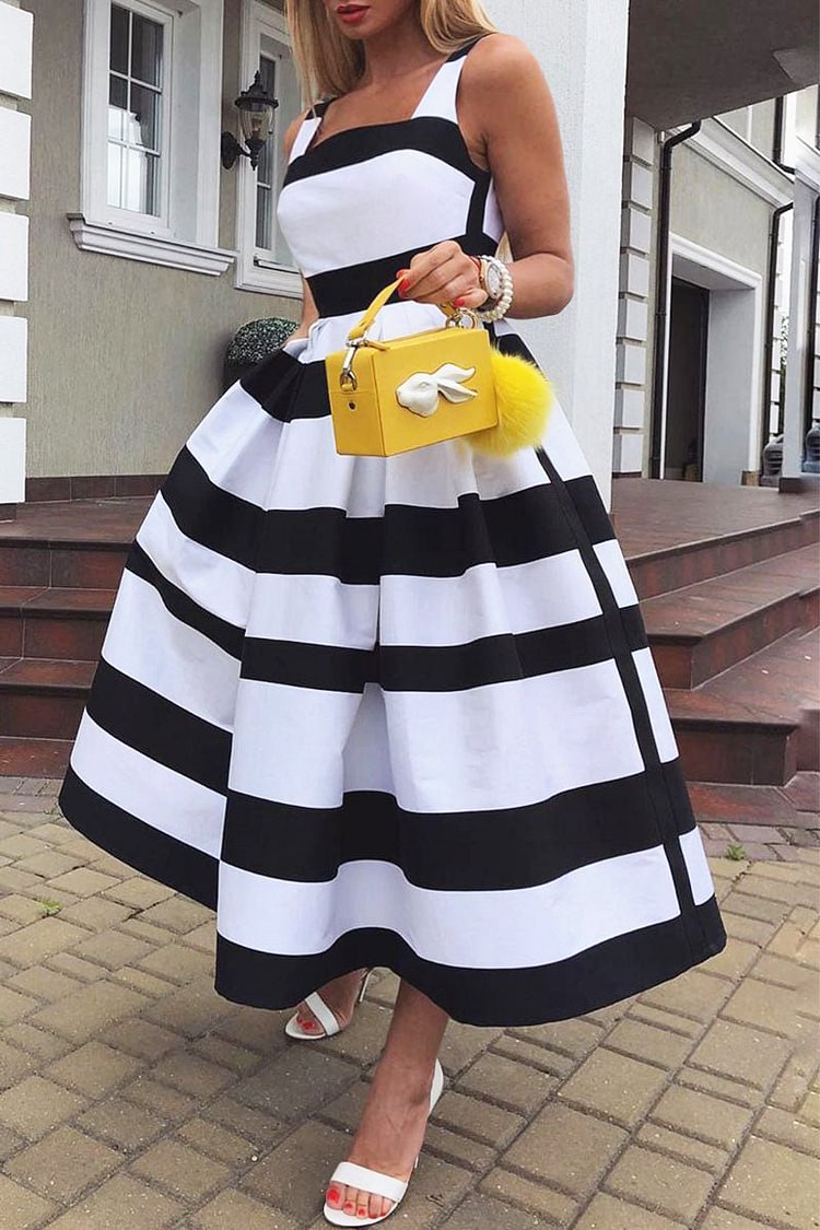 Plus Size Casual Striped A Line Flared Midi Dress