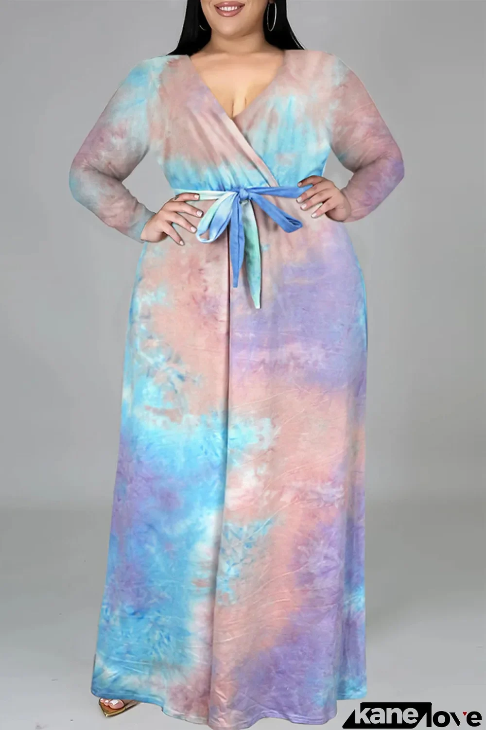 Multi-color Fashion Casual Print Tie-dye V Neck Long Sleeve Plus Size Dress