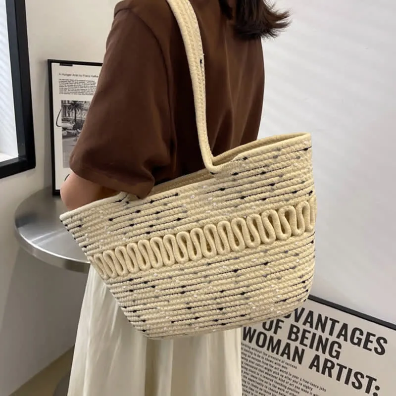Vintage Colorblock Dot Hollow Boho Handmade Straw Tote Bag