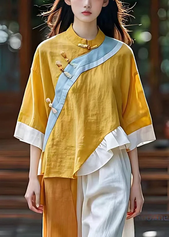 Pre sale - shipping in 30 days/Chic Yellow Asymmetrical Patchwork Linen Oriental Top Summer