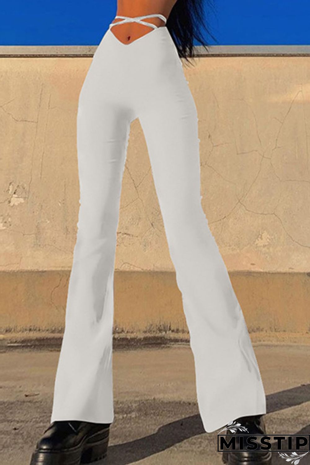 Black Street Solid Patchwork Frenulum Boot Cut High Waist Speaker Solid Color Bottoms