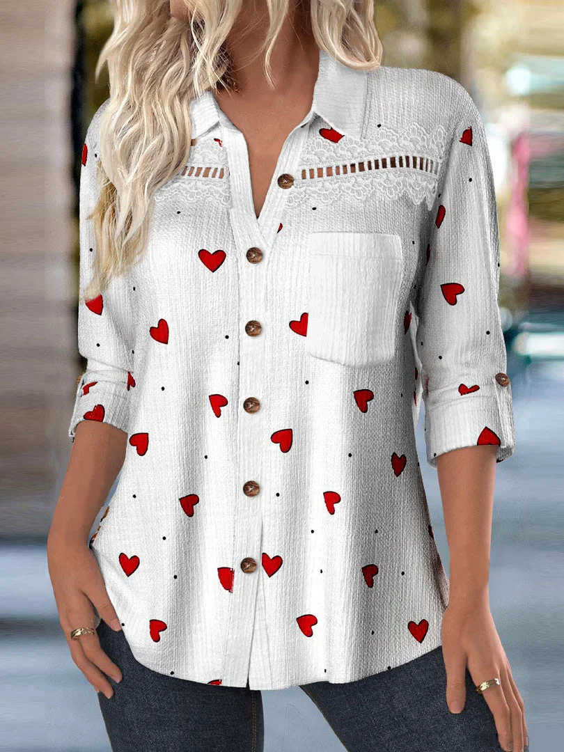 Women Long Sleeve Shirt Collar Love Printed Graphic Lace Button Pockets Tops