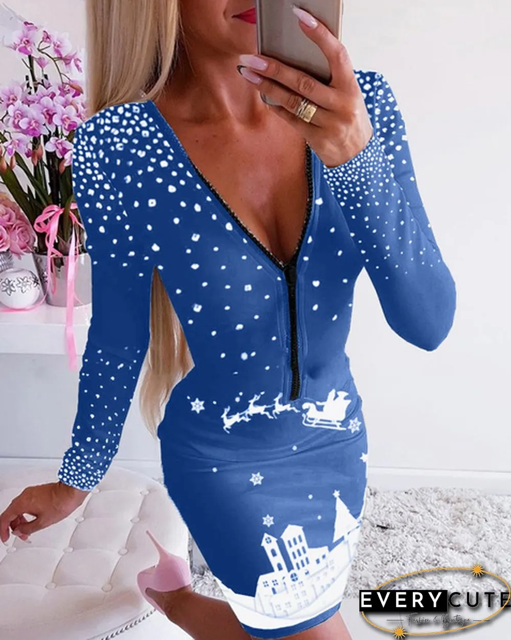 New Fashion Women V Neck Christmas Print Bodycon Dress Plus Size Slim Fit Sexy Long Sleeve Dress