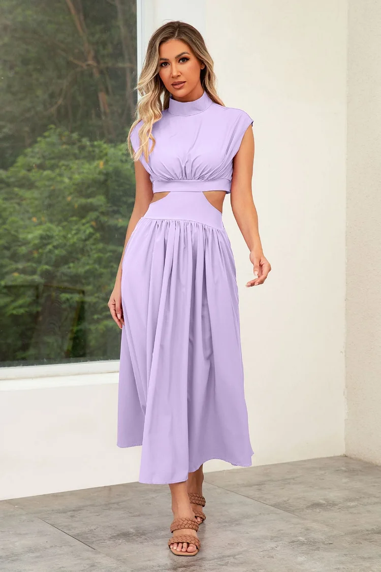 Self Made Real Shot Summer Sweet Stand Collar Macaron Color Cropped Outfit Maxi Dress