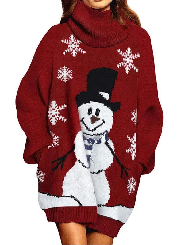 Womens Turtleneck Ugly Christmas Sweater Snowman Oversize Sweater Dress-elleschic